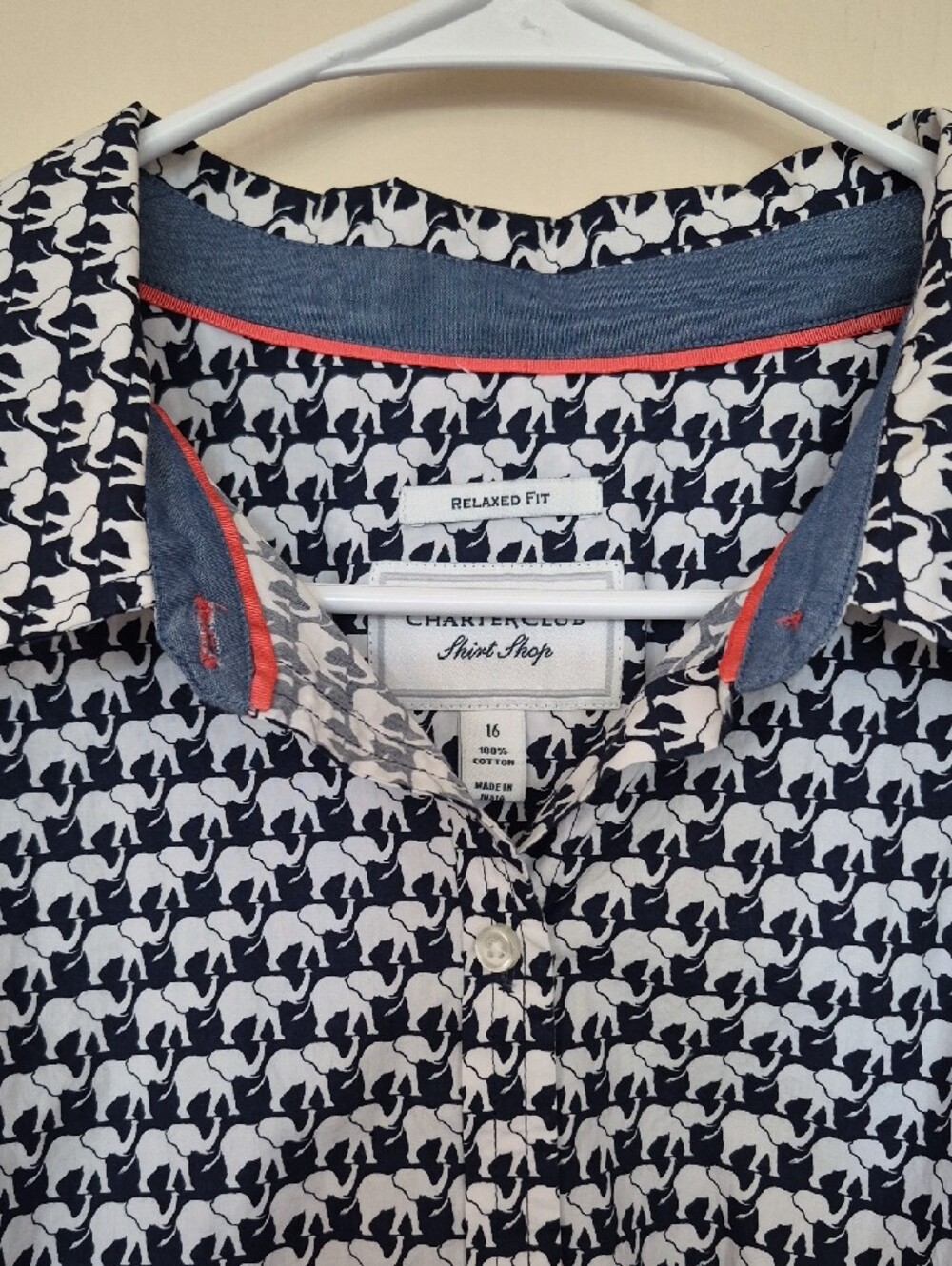 Charter Club Navy and White Elephant-Print Button Down Blouse Cotton Size 16 - Picture 10 of 13